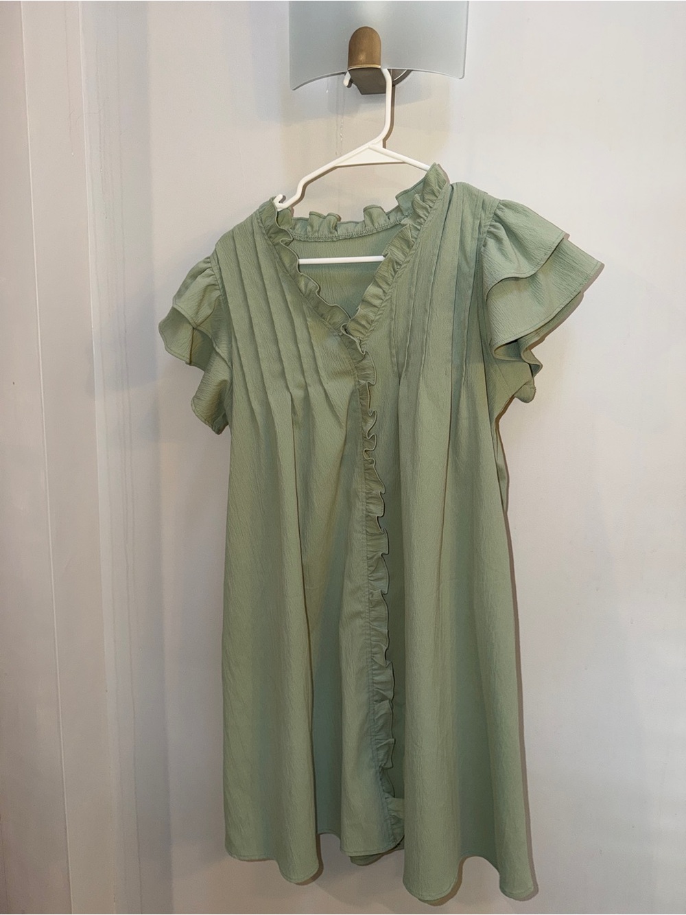 Sage Green Ruffle-Trim Flutter Sleeve Dress